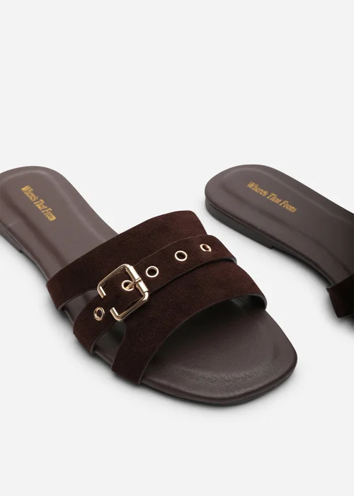 Where's That From Alvita Buckle Slide On Flat Dark Brown Suede Sandal - 5 Image 5