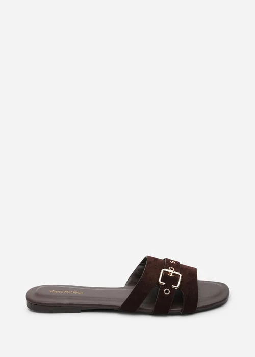 Where's That From Alvita Buckle Slide On Flat Dark Brown Suede Sandal - 5 Image 1