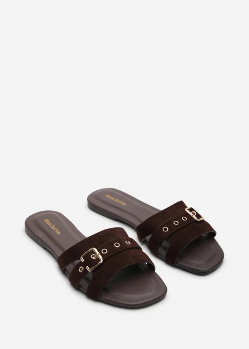 Where's That From Alvita Buckle Slide On Flat Dark Brown Suede Sandal - 5 Image 4
