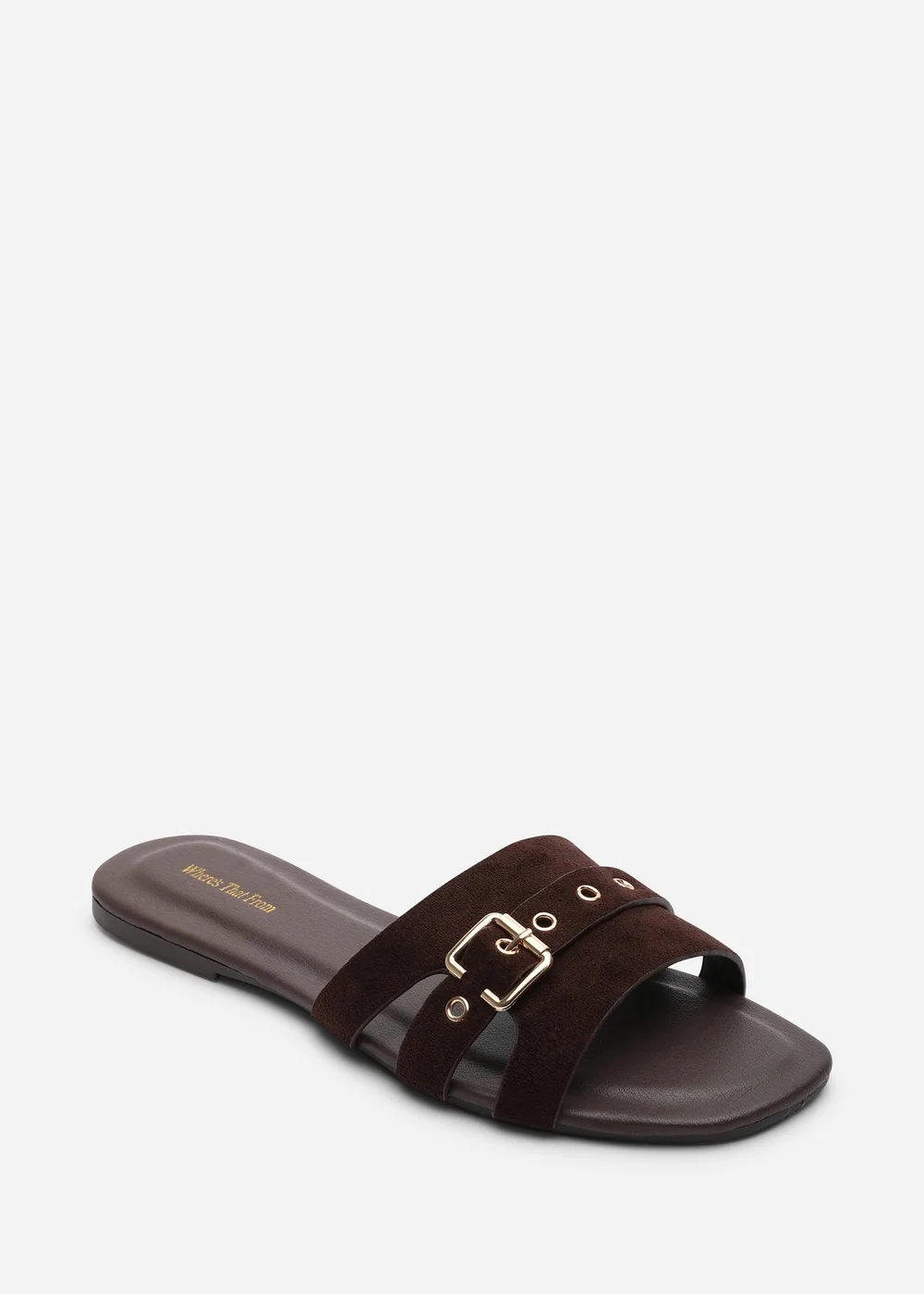 Where's That From Alvita Buckle Slide On Flat Dark Brown Suede Sandal - 5 Image 3