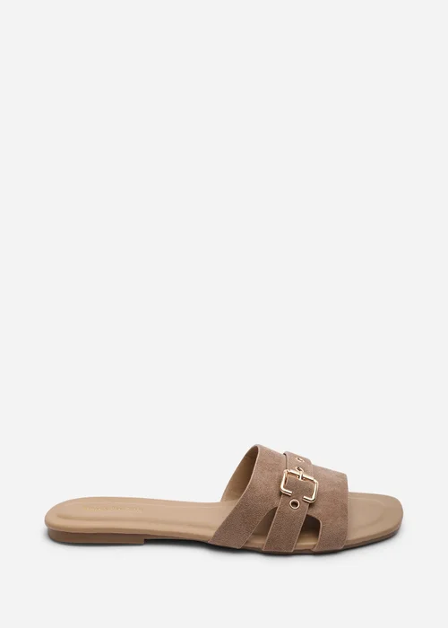 Where's That From Alvita Buckle Slide On Flat Camel Suede Sandal - 4 Image 1
