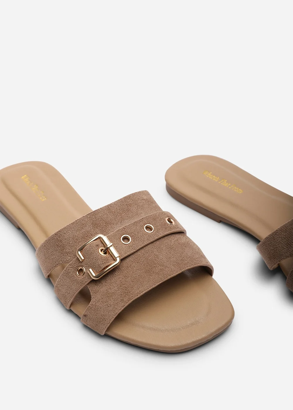 Where's That From Alvita Buckle Slide On Flat Camel Suede Sandal - 4 Image 5