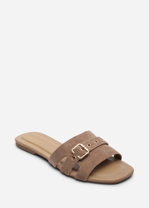 Where's That From Alvita Buckle Slide On Flat Camel Suede Sandal - 4 Image 3