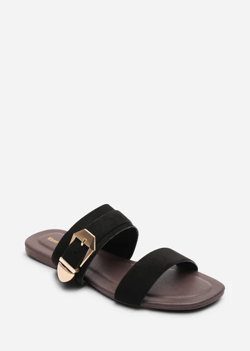 Where's That From Orlina Two Strap Side Buckle Black Faux Suede Sandal - 4 Image 3
