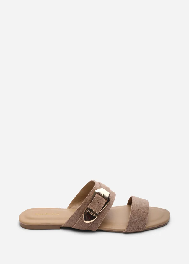 Where's That From Orlina Two Strap Side Buckle Camel Faux Suede Sandal