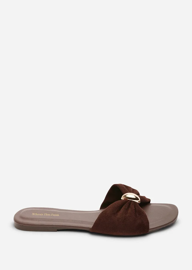 Where's That From Arc Ruched Buckle Dark Brown Faux Suede Slide On Sandal