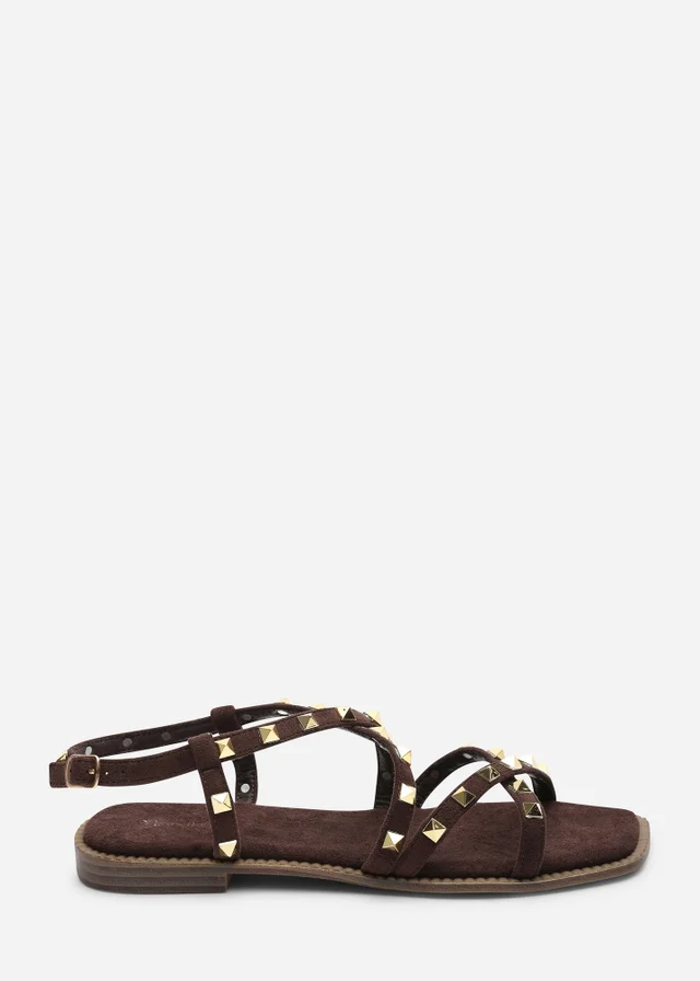 Where's That From Montana Gladiator Sandal With Studd Detail In Dark Brown Faux Suede