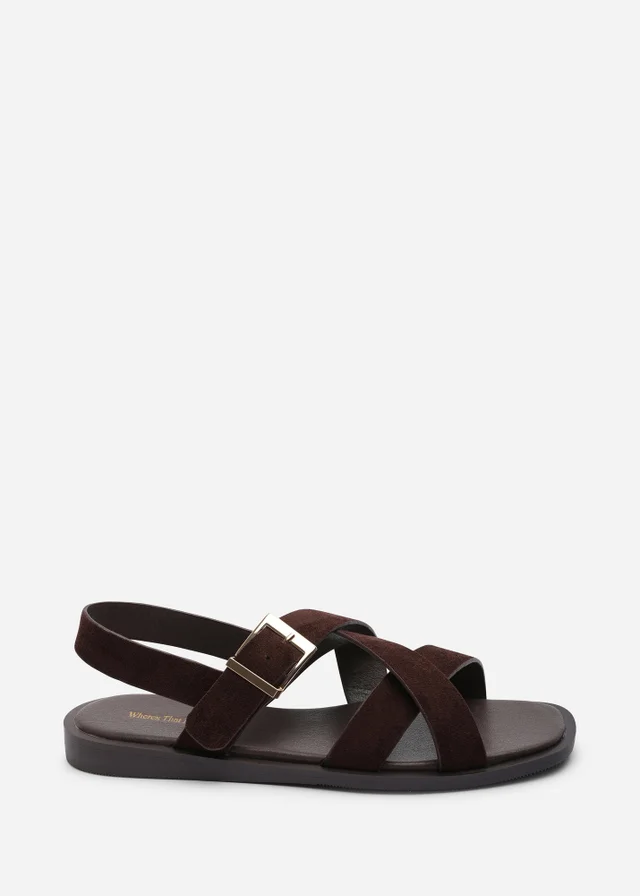 Where's That From Capri Cross Over Open Toe Dark Brown Faux Suede Sandal