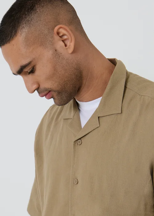 Threadbare Beige Linen Blend Revere Collar Short Sleeve Shirt - M Image 4