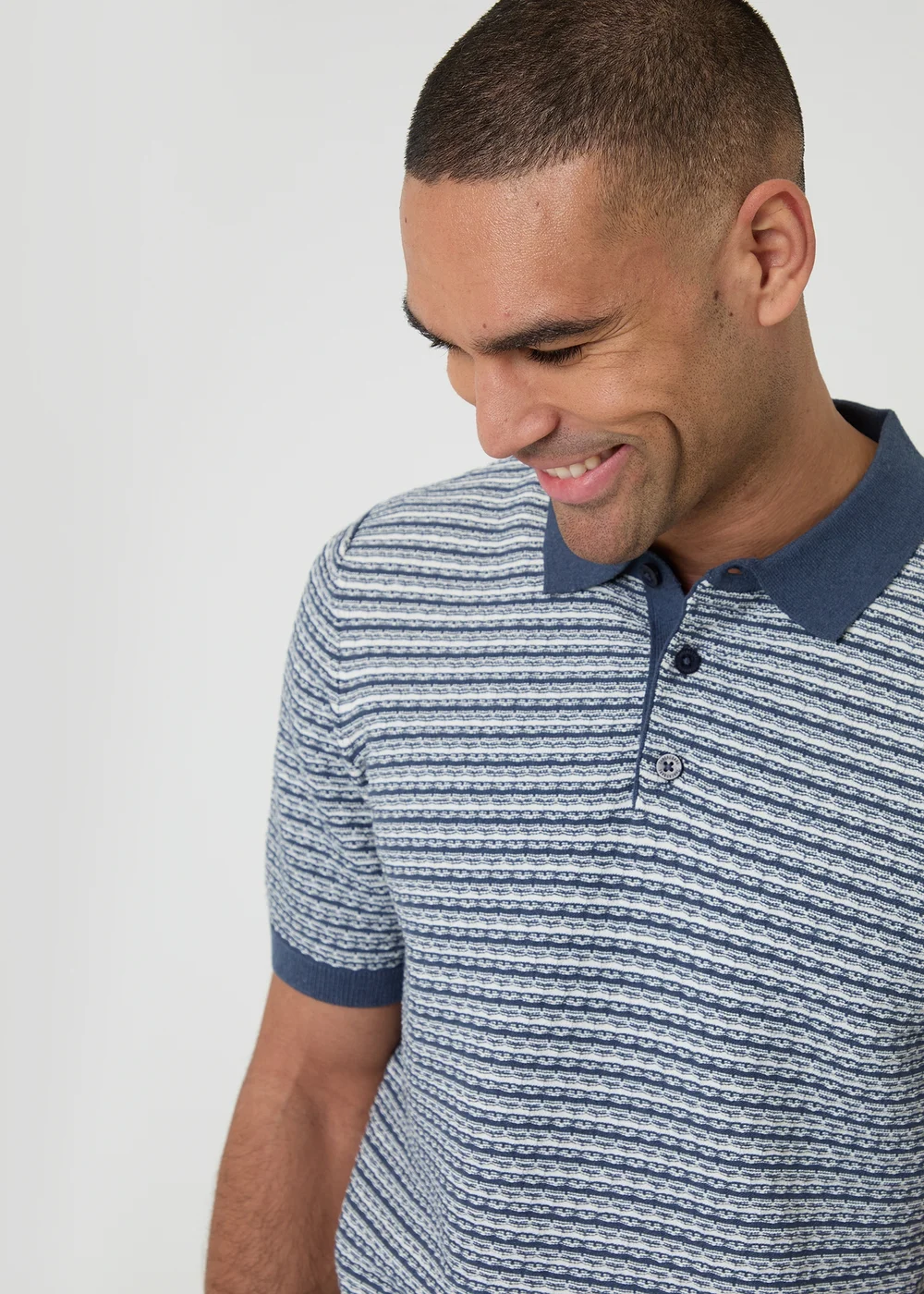 Threadbare Blue Textured Stripe Short Sleeve Knitted Polo - XL Image 4