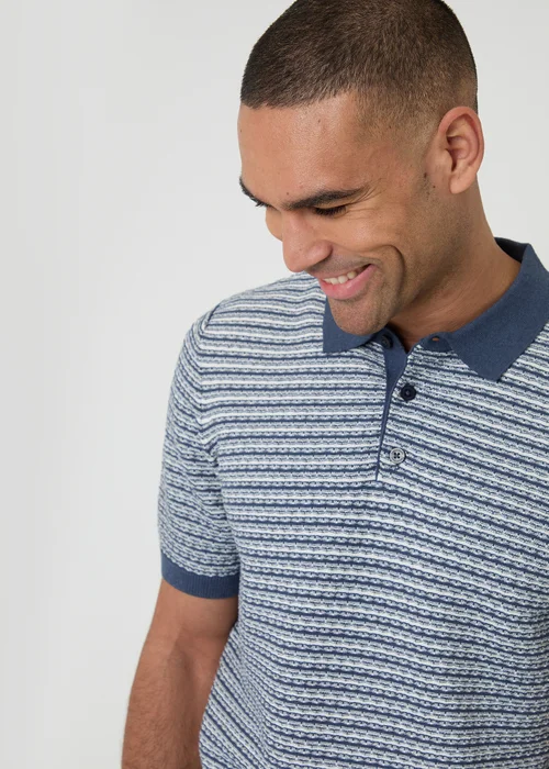Threadbare Blue Textured Stripe Short Sleeve Knitted Polo - XL Image 4
