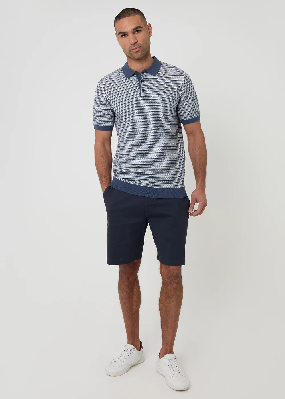 Threadbare Blue Textured Stripe Short Sleeve Knitted Polo - XL Image 3