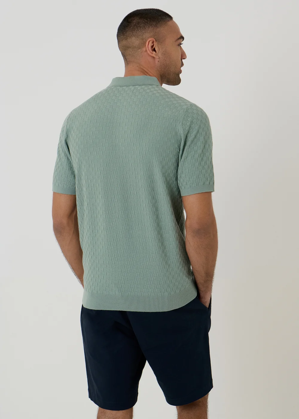 Threadbare Soft Green Basket Stitch Short Sleeve Knitted Polo - S Image 2