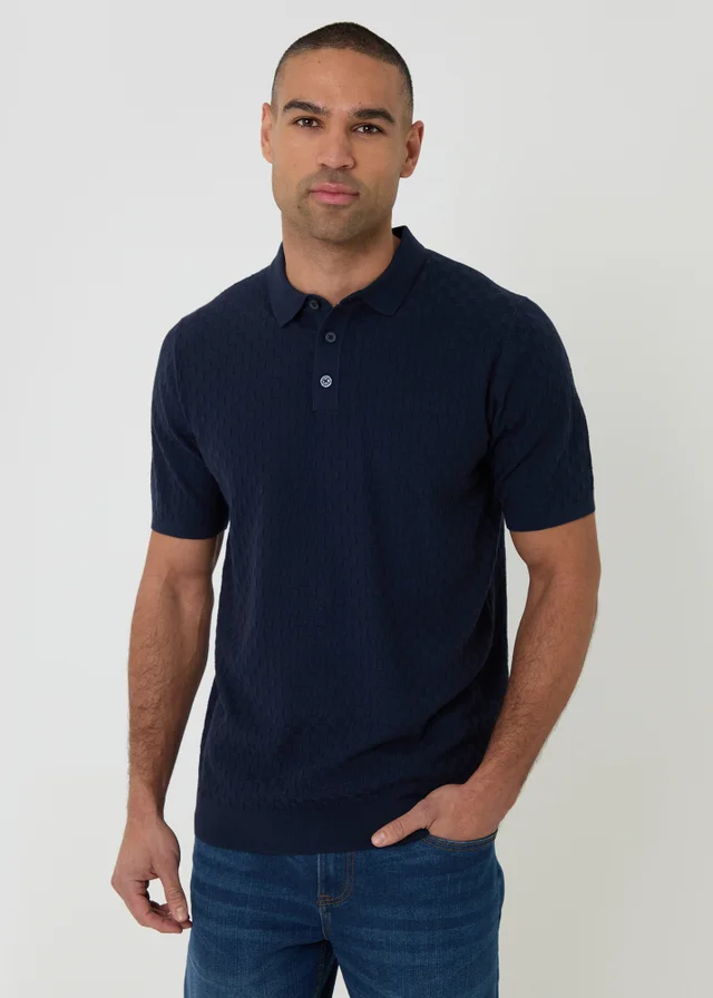 Threadbare Navy Basket Stitch Short Sleeve Knitted Polo