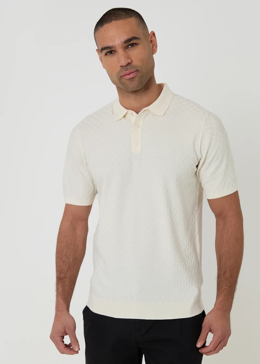 Threadbare Natural Basket Stitch Short Sleeve Knitted Polo - XL Image 1
