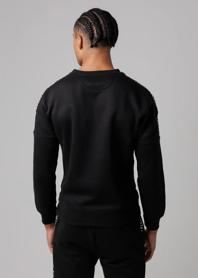 Firetrap Black Cotton Rich Brushed Fleece Crew Neck Sweatshirt With Logo Strip Sleeves