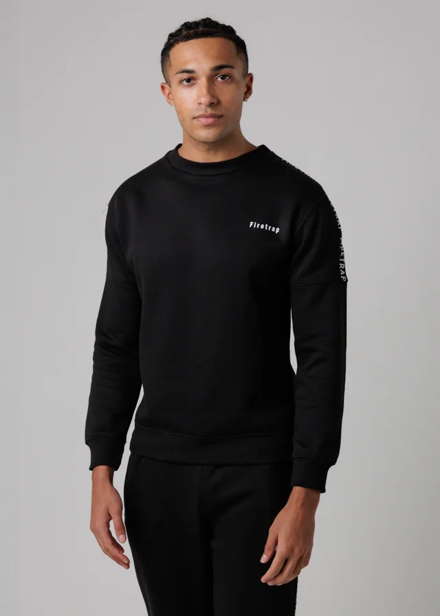 Firetrap Black Cotton Rich Brushed Fleece Crew Neck Sweatshirt With Logo Strip Sleeves