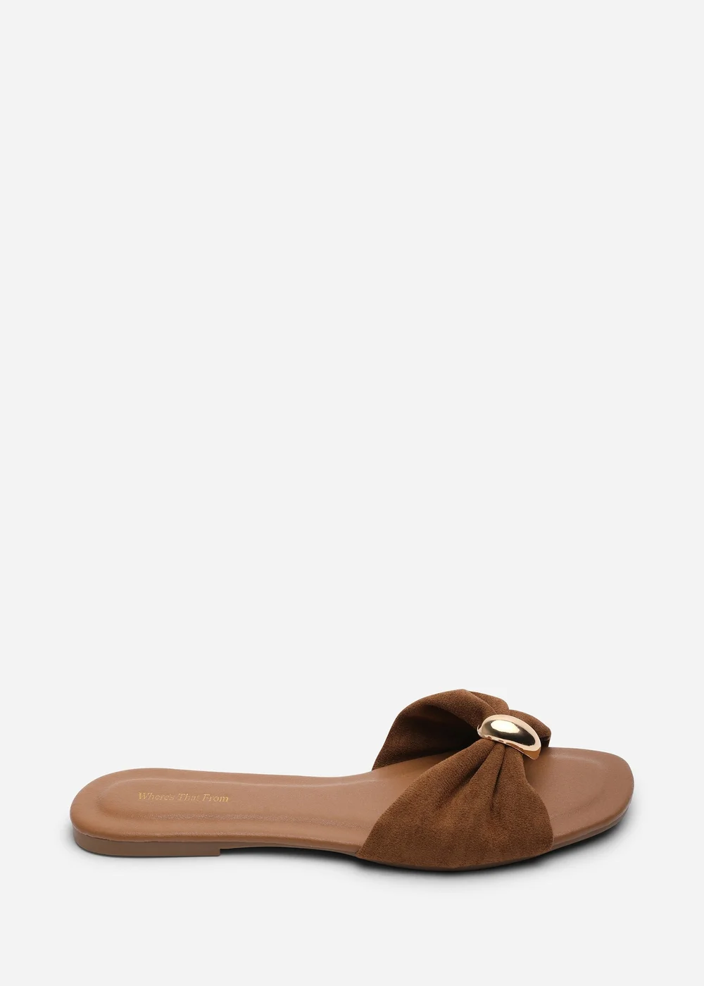 Where's That From Arc Ruched Buckle Cognac Faux Suede Slide On Sandal - 6 Image 1