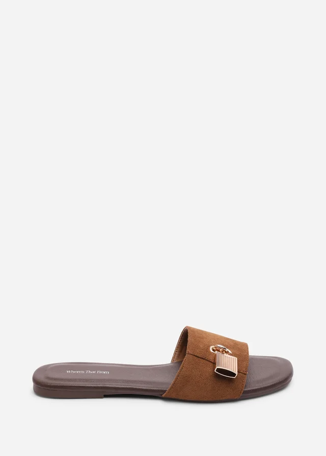 Where's That From Solana Gold Trim Cognac Faux Suede Slide On Sandal