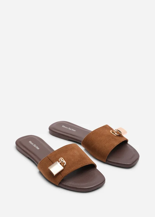Where's That From Solana Gold Trim Cognac Faux Suede Slide On Sandal - 4 Image 4