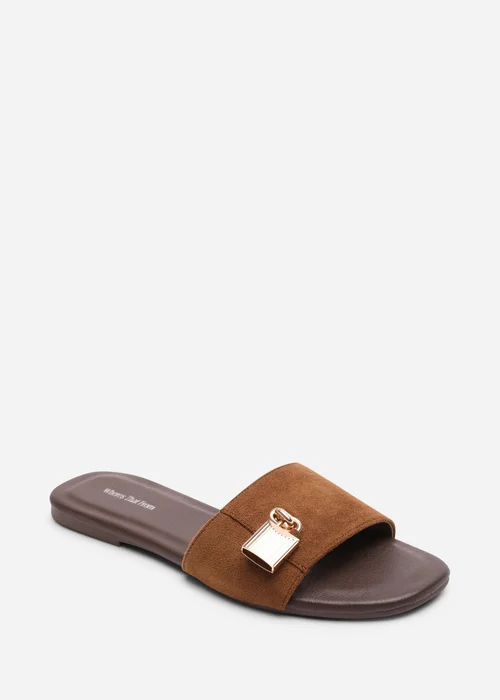 Where's That From Solana Gold Trim Cognac Faux Suede Slide On Sandal - 4 Image 3