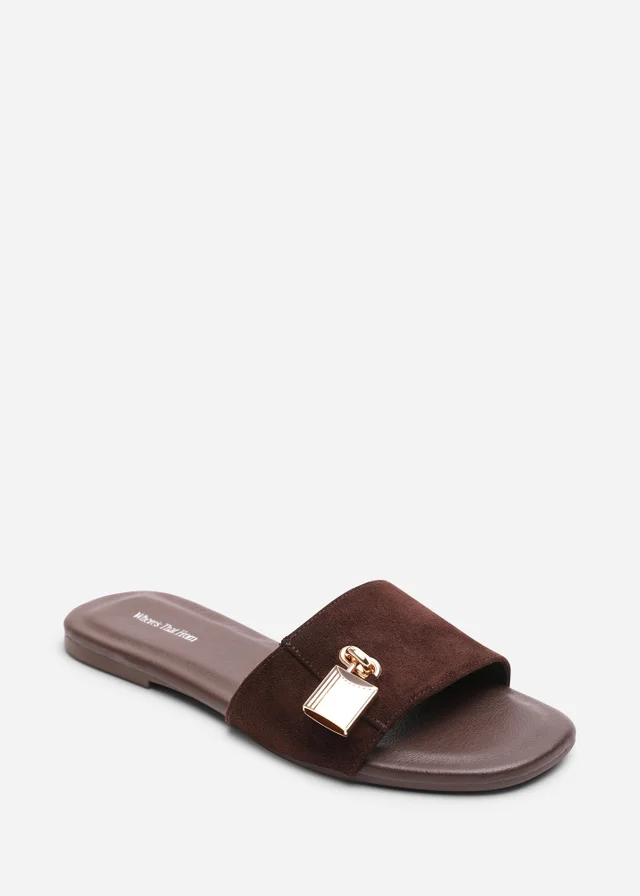 Where's That From Solana Gold Trim Dark Brown Faux Suede Slide On Sandal