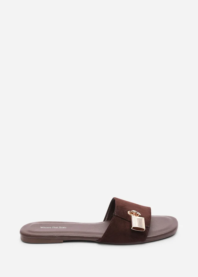 Where's That From Solana Gold Trim Dark Brown Faux Suede Slide On Sandal