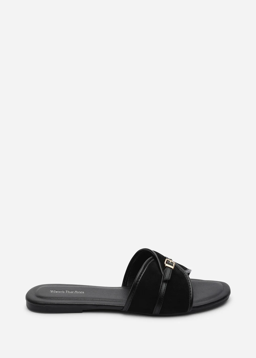 Where's That From Cevora Cross Over Buckle Black Faux Suede Slide On Sandal - 4 Image 1