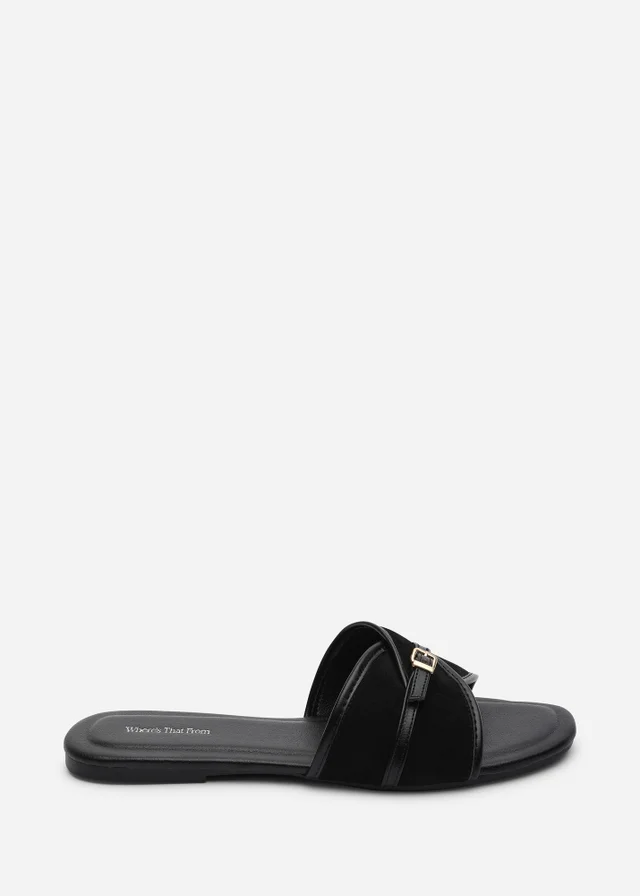 Where's That From Cevora Cross Over Buckle Black Faux Suede Slide On Sandal