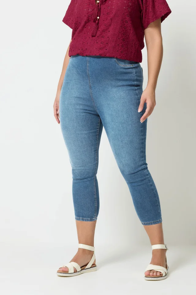 Yours Curve Mid Blue Cropped Stretch Jeggings