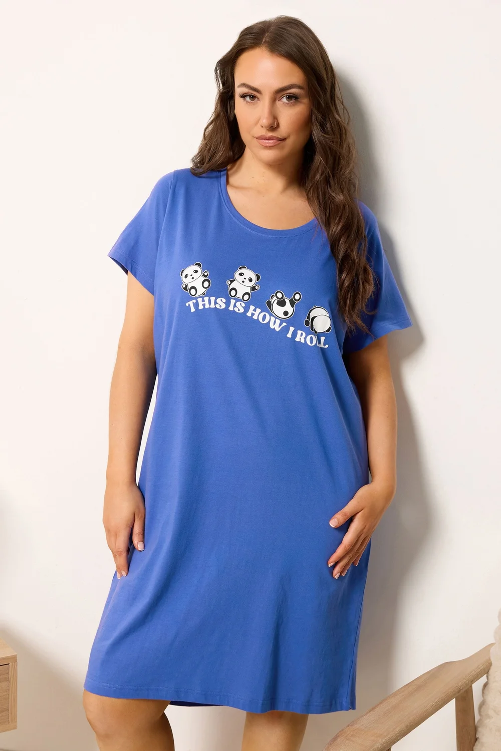 Yours Curve Blue 'This Is How I Roll' Panda Dipped Back Nightdress - 26-28 Image 1