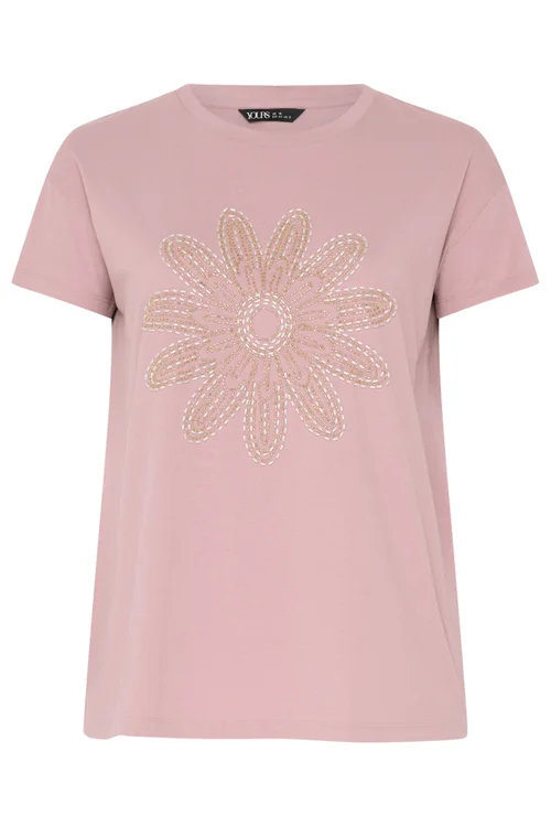 Yours Curve Pink Beaded Daisy T-Shirt - 22-24 Image 5