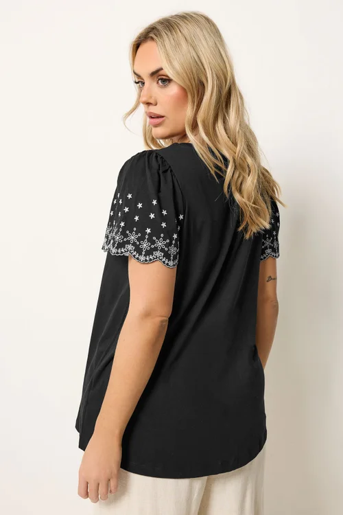 Yours Curve Black Embroidered Sleeve T-Shirt - 22-24 Image 3