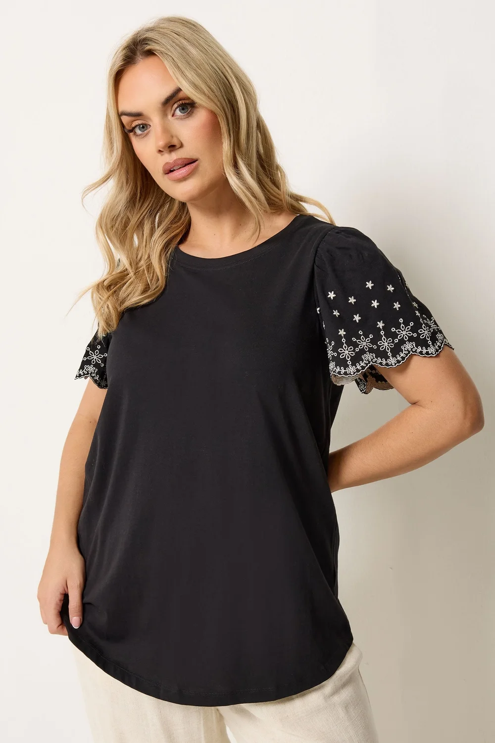 Yours Curve Black Embroidered Sleeve T-Shirt - 22-24 Image 1