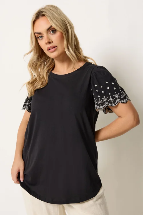 Yours Curve Black Embroidered Sleeve T-Shirt - 22-24 Image 1