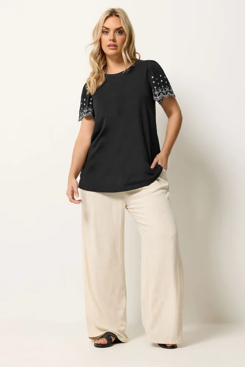 Yours Curve Black Embroidered Sleeve T-Shirt - 22-24 Image 2