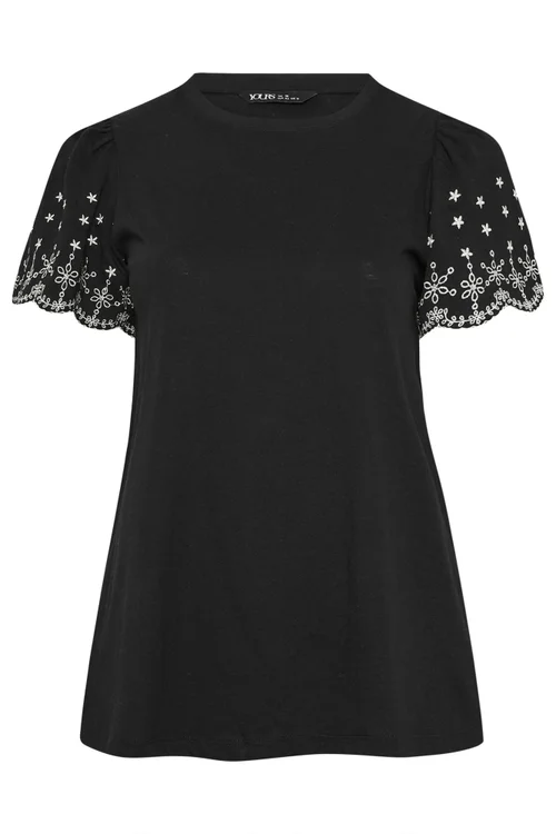 Yours Curve Black Embroidered Sleeve T-Shirt - 22-24 Image 5