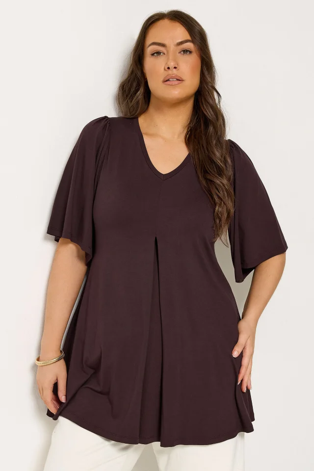 Yours Curve Chocolate Brown Pleat Front Top