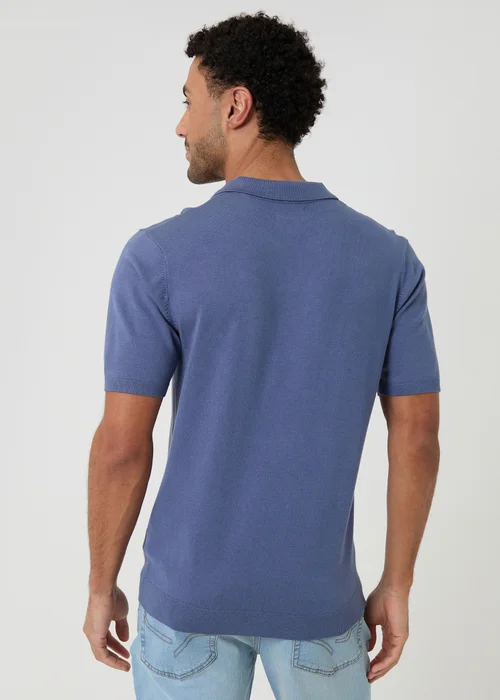 Threadbare Blue Knitted Short Sleeve Trophy Neck Polo - M Image 2