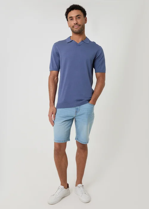 Threadbare Blue Knitted Short Sleeve Trophy Neck Polo - M Image 3