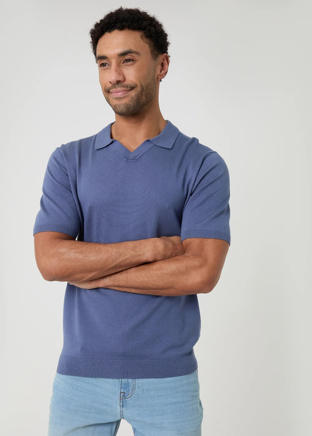 Threadbare Blue Knitted Short Sleeve Trophy Neck Polo - M Image 1