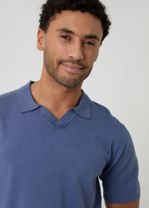 Threadbare Blue Knitted Short Sleeve Trophy Neck Polo - M Image 4