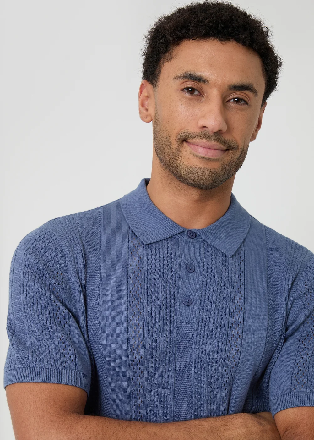 Threadbare Blue Cotton Textured Stripe Knitted Polo - 2XL Image 4