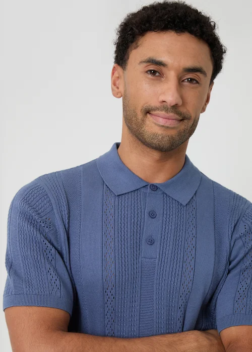 Threadbare Blue Cotton Textured Stripe Knitted Polo - 2XL Image 4