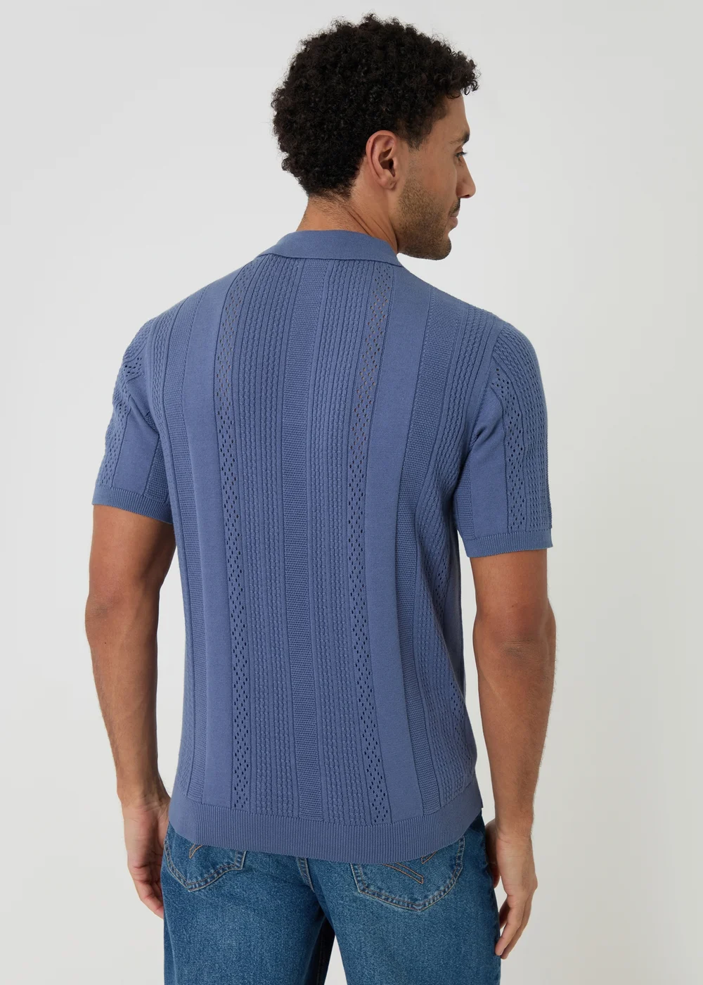Threadbare Blue Cotton Textured Stripe Knitted Polo - 2XL Image 2
