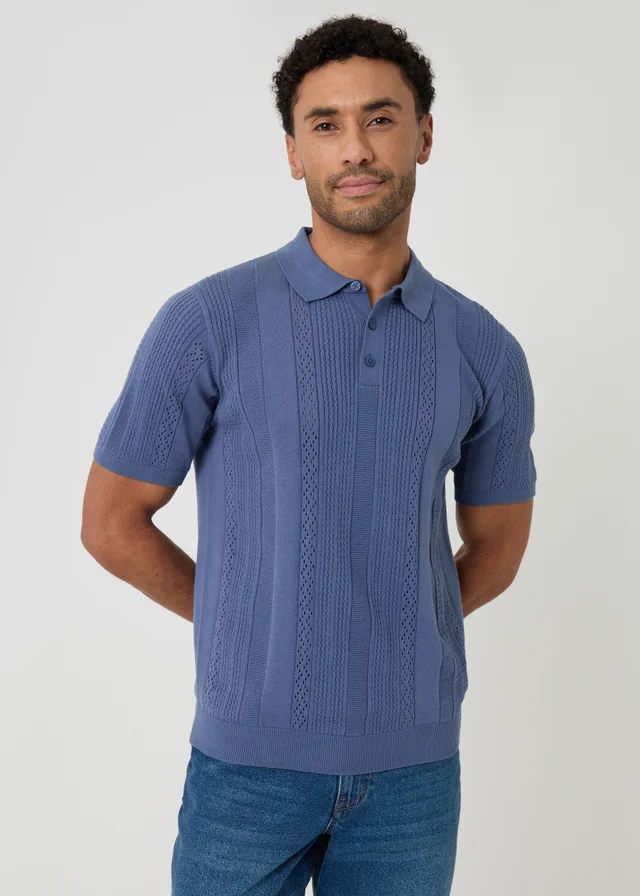 Threadbare Blue Cotton Textured Stripe Knitted Polo