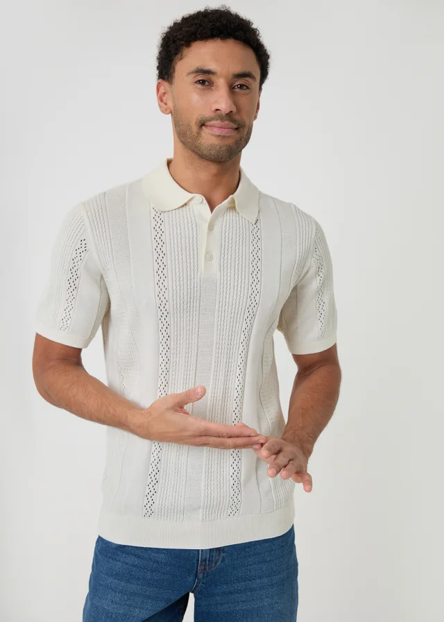 Threadbare Natural Cotton Textured Stripe Knitted Polo