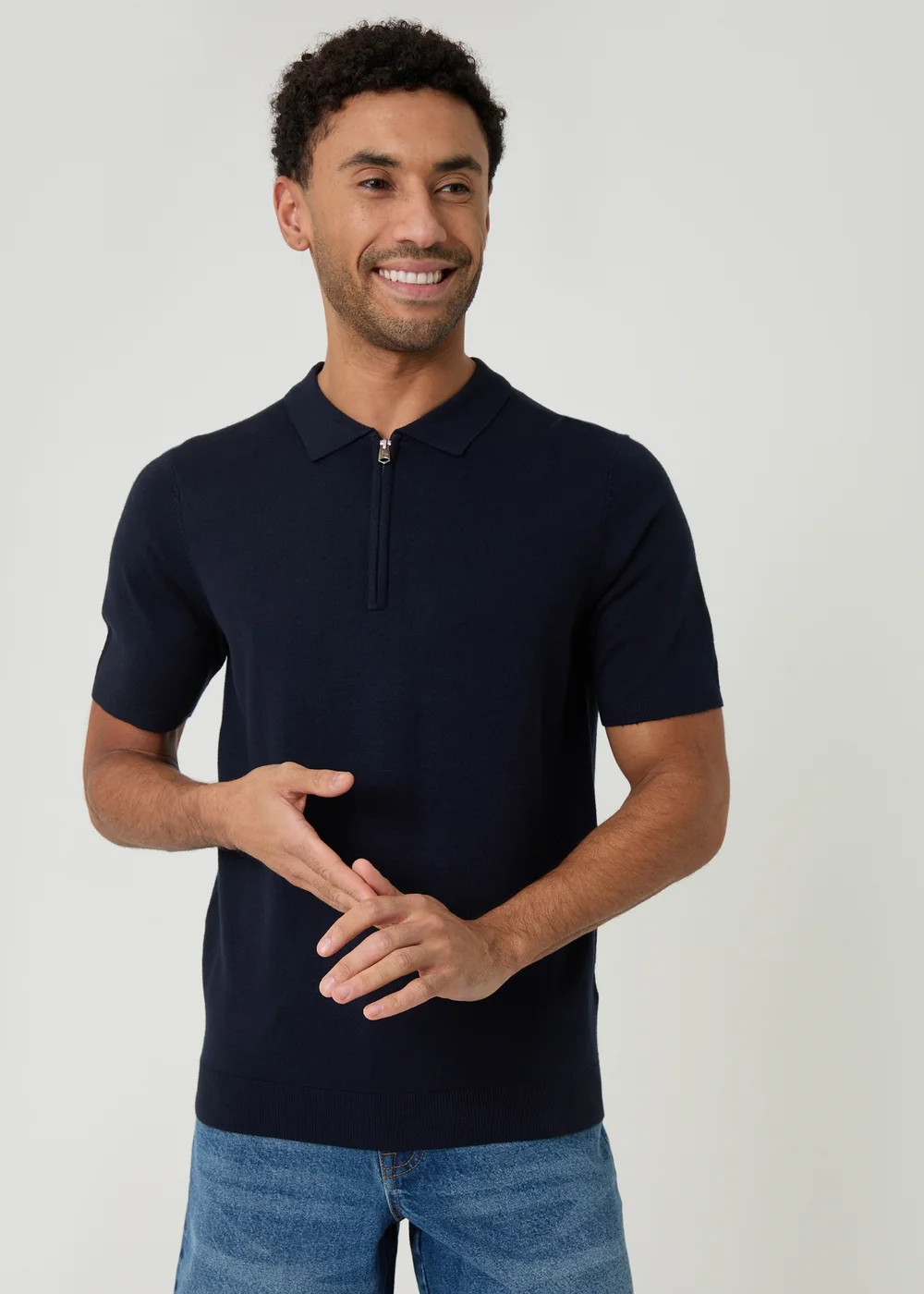 Threadbare Navy Quarter Zip Knitted Polo - XL Image 1