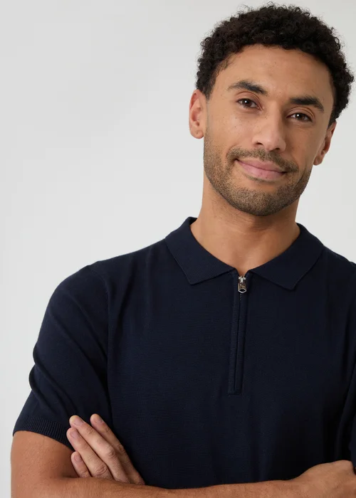 Threadbare Navy Quarter Zip Knitted Polo - XL Image 4
