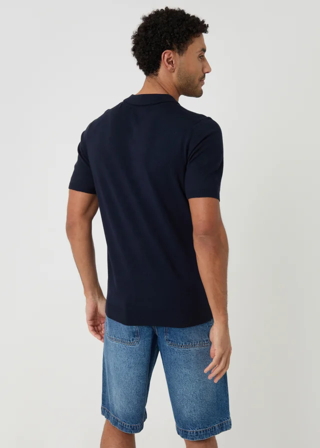 Threadbare Navy Quarter Zip Knitted Polo